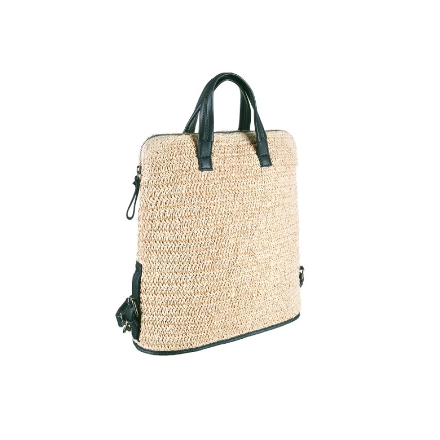 SEABREEZE BACKPACK GREY – nachhaltiger Rucksack aus Natur-Raffiabast und Leder